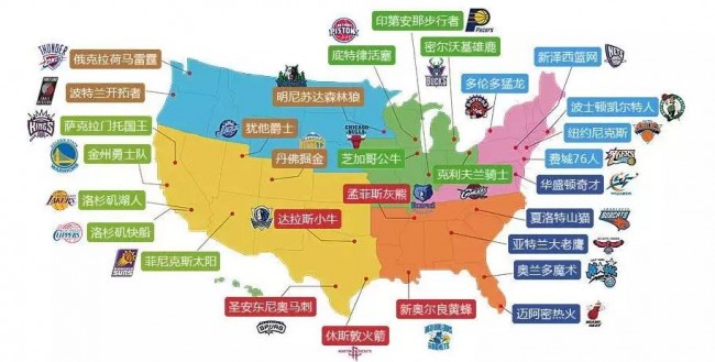 2019-2020nba东西部球队分布图 